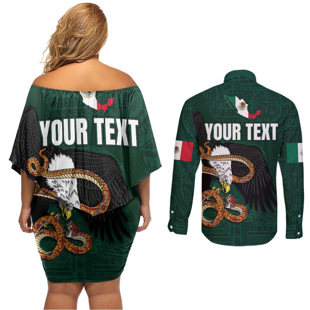 Personalized Mexican Culture Couples Matching Off Shoulder Short Dress and Long Sleeve Button Shirt Aztec Spirit Mexico with Eagle Emblem and Maya Ancient - Wonder Print Shop