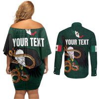 Personalized Mexican Culture Couples Matching Off Shoulder Short Dress and Long Sleeve Button Shirt Aztec Spirit Mexico with Eagle Emblem and Maya Ancient - Wonder Print Shop