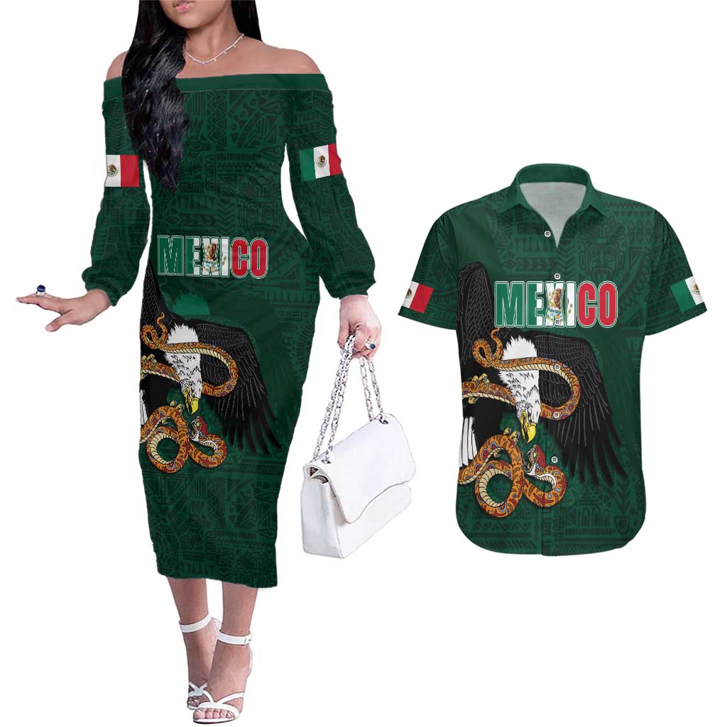 Personalized Mexican Culture Couples Matching Off The Shoulder Long Sleeve Dress and Hawaiian Shirt Aztec Spirit Mexico with Eagle Emblem and Maya Ancient - Wonder Print Shop