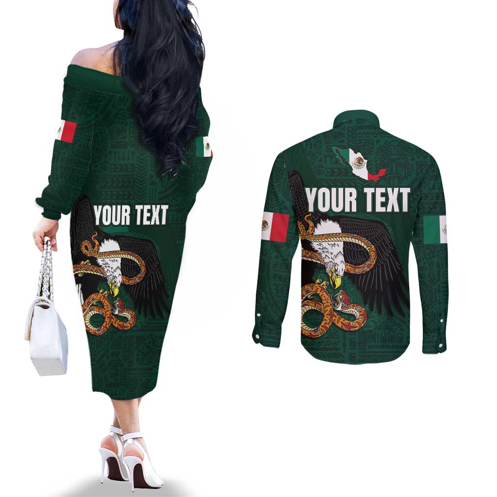 Personalized Mexican Culture Couples Matching Off The Shoulder Long Sleeve Dress and Long Sleeve Button Shirt Aztec Spirit Mexico with Eagle Emblem and Maya Ancient