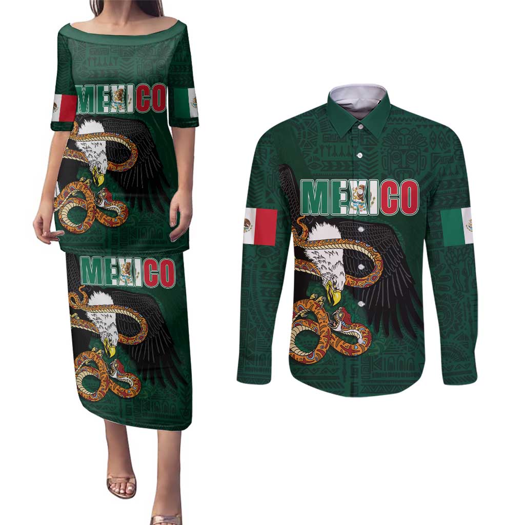 Personalized Mexican Culture Couples Matching Puletasi and Long Sleeve Button Shirt Aztec Spirit Mexico with Eagle Emblem and Maya Ancient - Wonder Print Shop