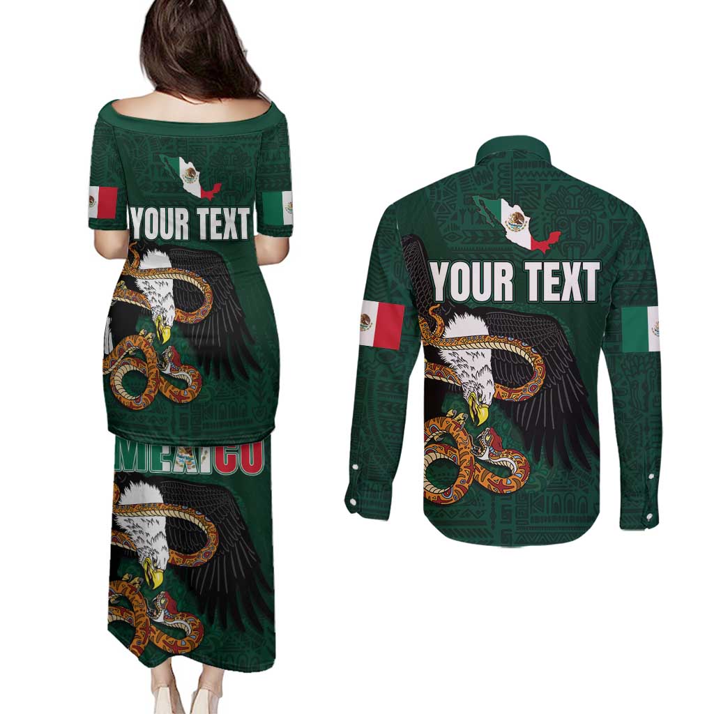 Personalized Mexican Culture Couples Matching Puletasi and Long Sleeve Button Shirt Aztec Spirit Mexico with Eagle Emblem and Maya Ancient - Wonder Print Shop