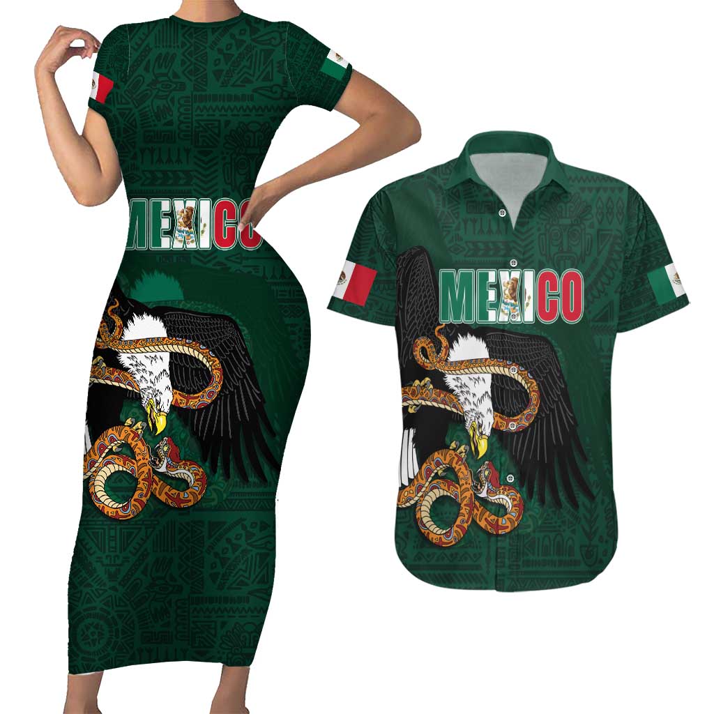 Personalized Mexican Culture Couples Matching Short Sleeve Bodycon Dress and Hawaiian Shirt Aztec Spirit Mexico with Eagle Emblem and Maya Ancient - Wonder Print Shop