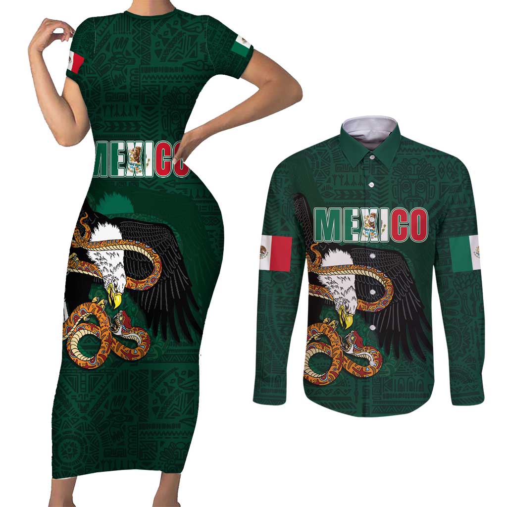 Personalized Mexican Culture Couples Matching Short Sleeve Bodycon Dress and Long Sleeve Button Shirt Aztec Spirit Mexico with Eagle Emblem and Maya Ancient - Wonder Print Shop