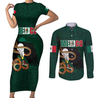 Personalized Mexican Culture Couples Matching Short Sleeve Bodycon Dress and Long Sleeve Button Shirt Aztec Spirit Mexico with Eagle Emblem and Maya Ancient - Wonder Print Shop