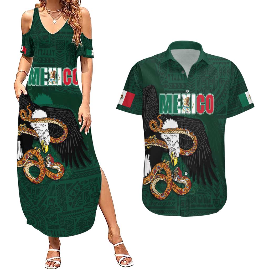 Personalized Mexican Culture Couples Matching Summer Maxi Dress and Hawaiian Shirt Aztec Spirit Mexico with Eagle Emblem and Maya Ancient - Wonder Print Shop