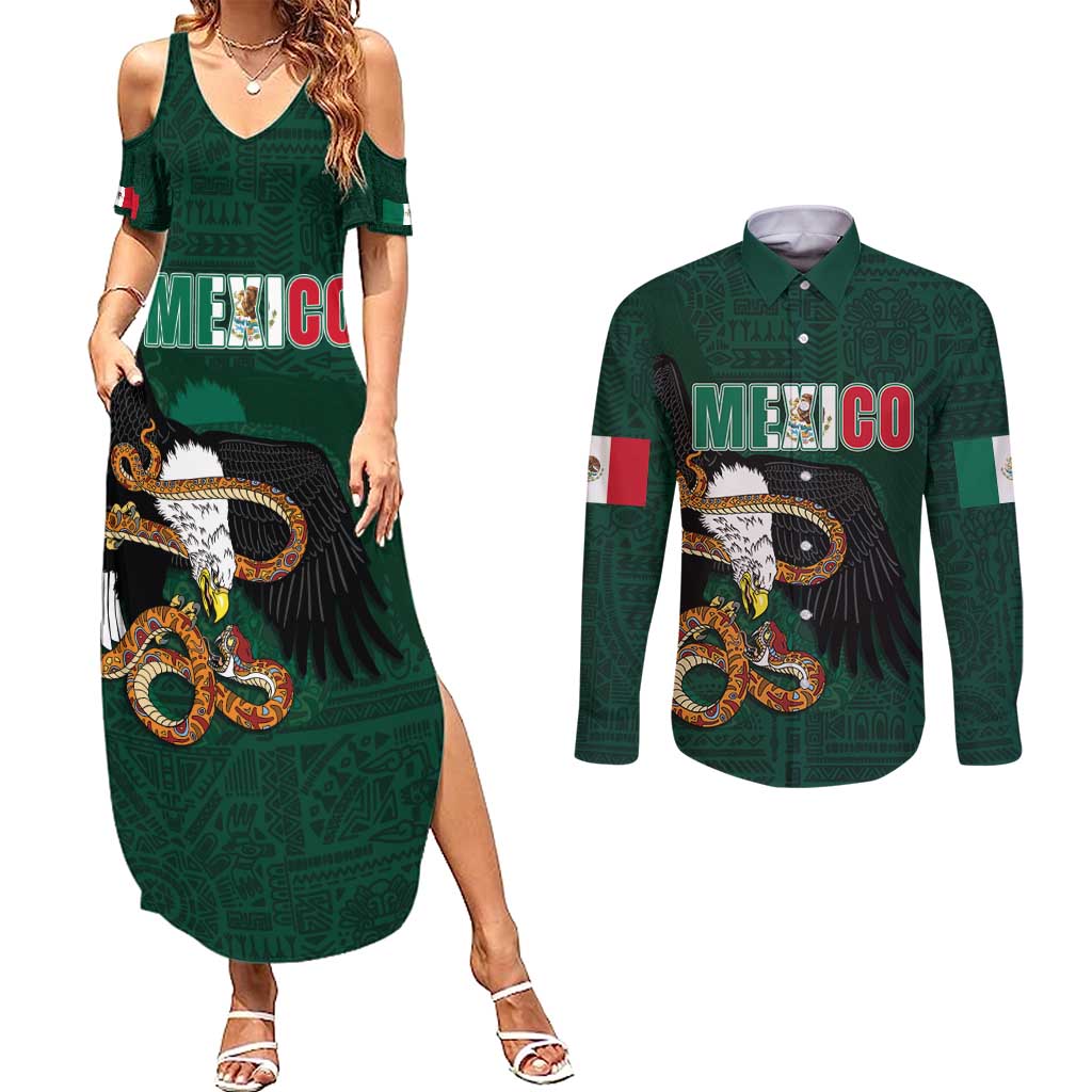 Personalized Mexican Culture Couples Matching Summer Maxi Dress and Long Sleeve Button Shirt Aztec Spirit Mexico with Eagle Emblem and Maya Ancient - Wonder Print Shop