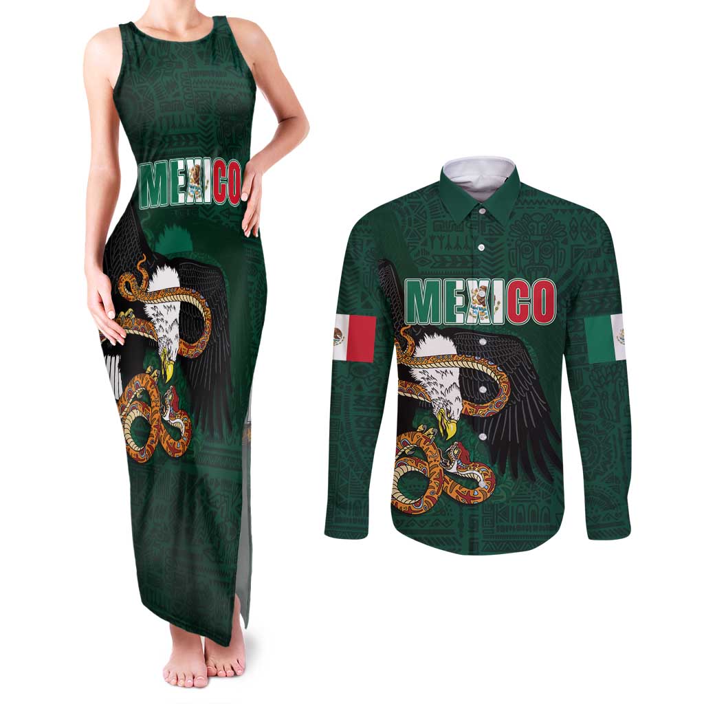 Personalized Mexican Culture Couples Matching Tank Maxi Dress and Long Sleeve Button Shirt Aztec Spirit Mexico with Eagle Emblem and Maya Ancient - Wonder Print Shop