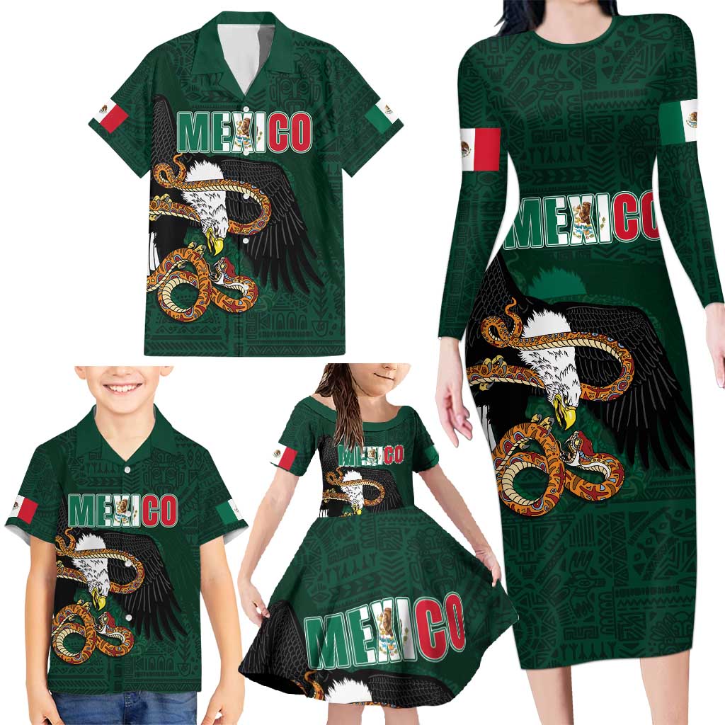 Personalized Mexican Culture Family Matching Long Sleeve Bodycon Dress and Hawaiian Shirt Aztec Spirit Mexico with Eagle Emblem and Maya Ancient - Wonder Print Shop