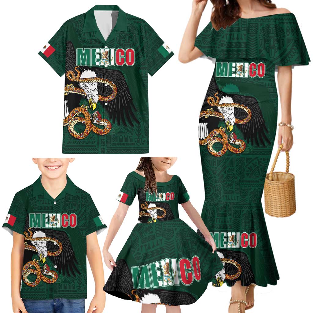 Personalized Mexican Culture Family Matching Mermaid Dress and Hawaiian Shirt Aztec Spirit Mexico with Eagle Emblem and Maya Ancient - Wonder Print Shop