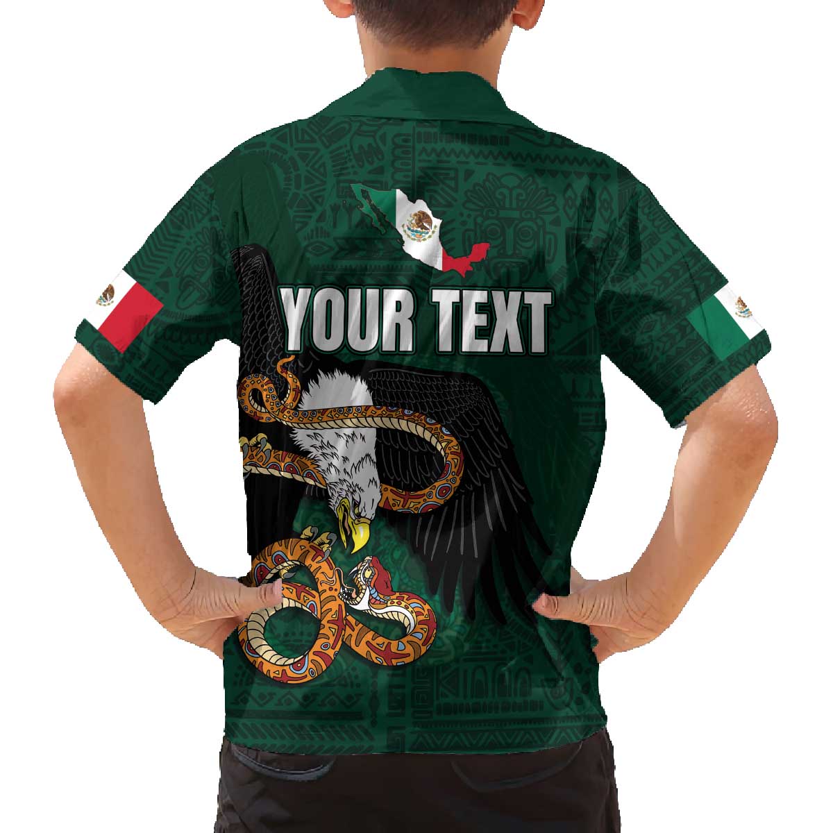 Personalized Mexican Culture Family Matching Off The Shoulder Long Sleeve Dress and Hawaiian Shirt Aztec Spirit Mexico with Eagle Emblem and Maya Ancient - Wonder Print Shop