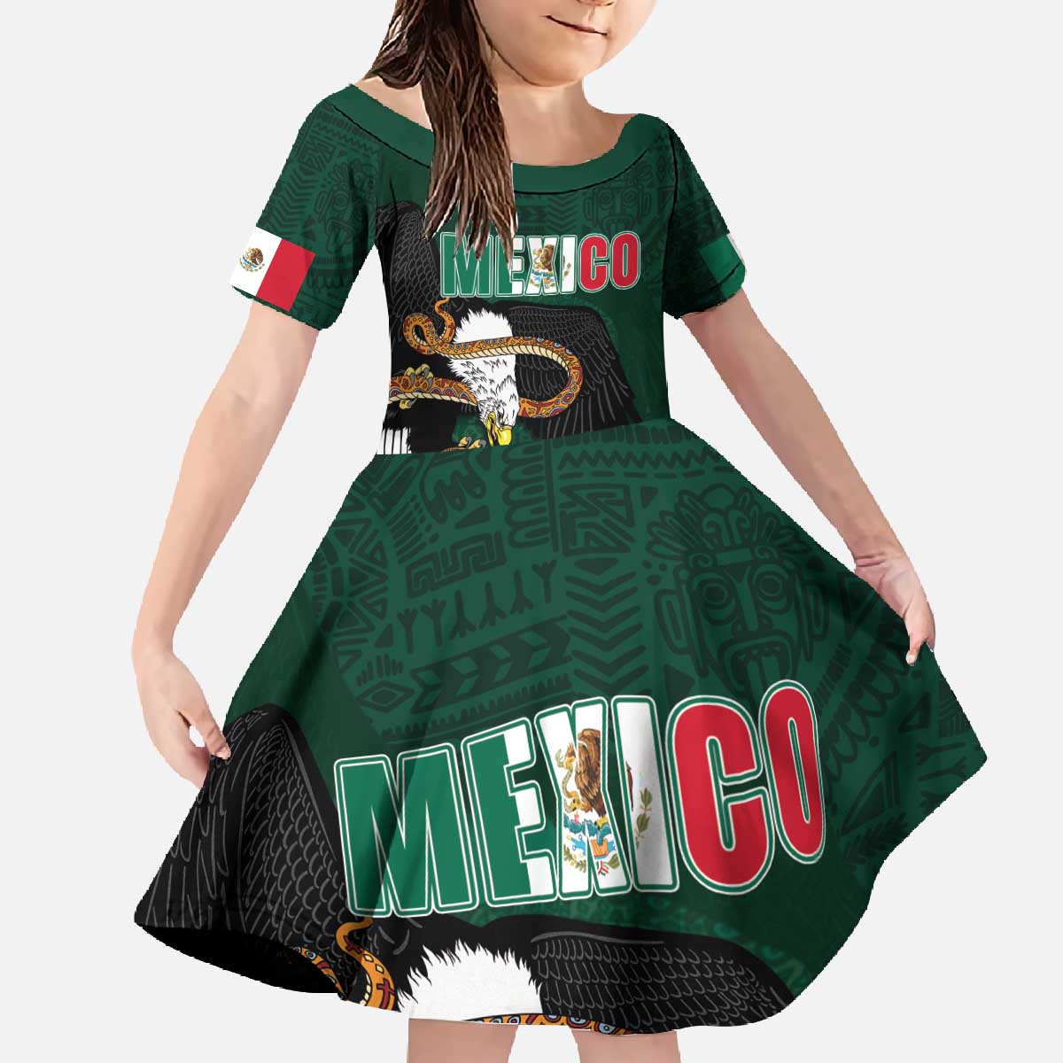Personalized Mexican Culture Family Matching Off The Shoulder Long Sleeve Dress and Hawaiian Shirt Aztec Spirit Mexico with Eagle Emblem and Maya Ancient - Wonder Print Shop