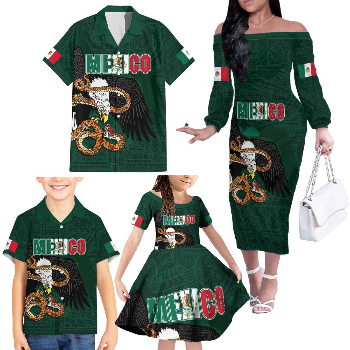 Personalized Mexican Culture Family Matching Off The Shoulder Long Sleeve Dress and Hawaiian Shirt Aztec Spirit Mexico with Eagle Emblem and Maya Ancient - Wonder Print Shop