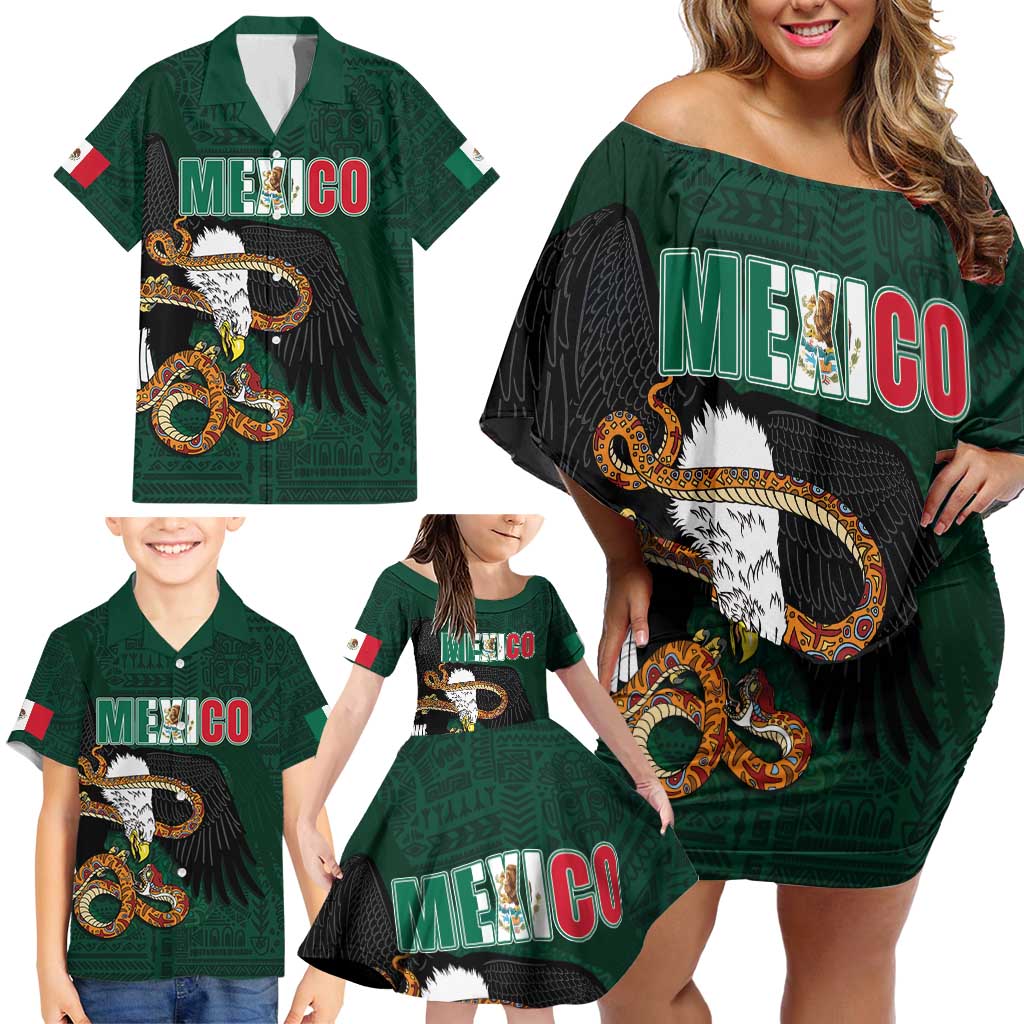 Personalized Mexican Culture Family Matching Off Shoulder Short Dress and Hawaiian Shirt Aztec Spirit Mexico with Eagle Emblem and Maya Ancient - Wonder Print Shop