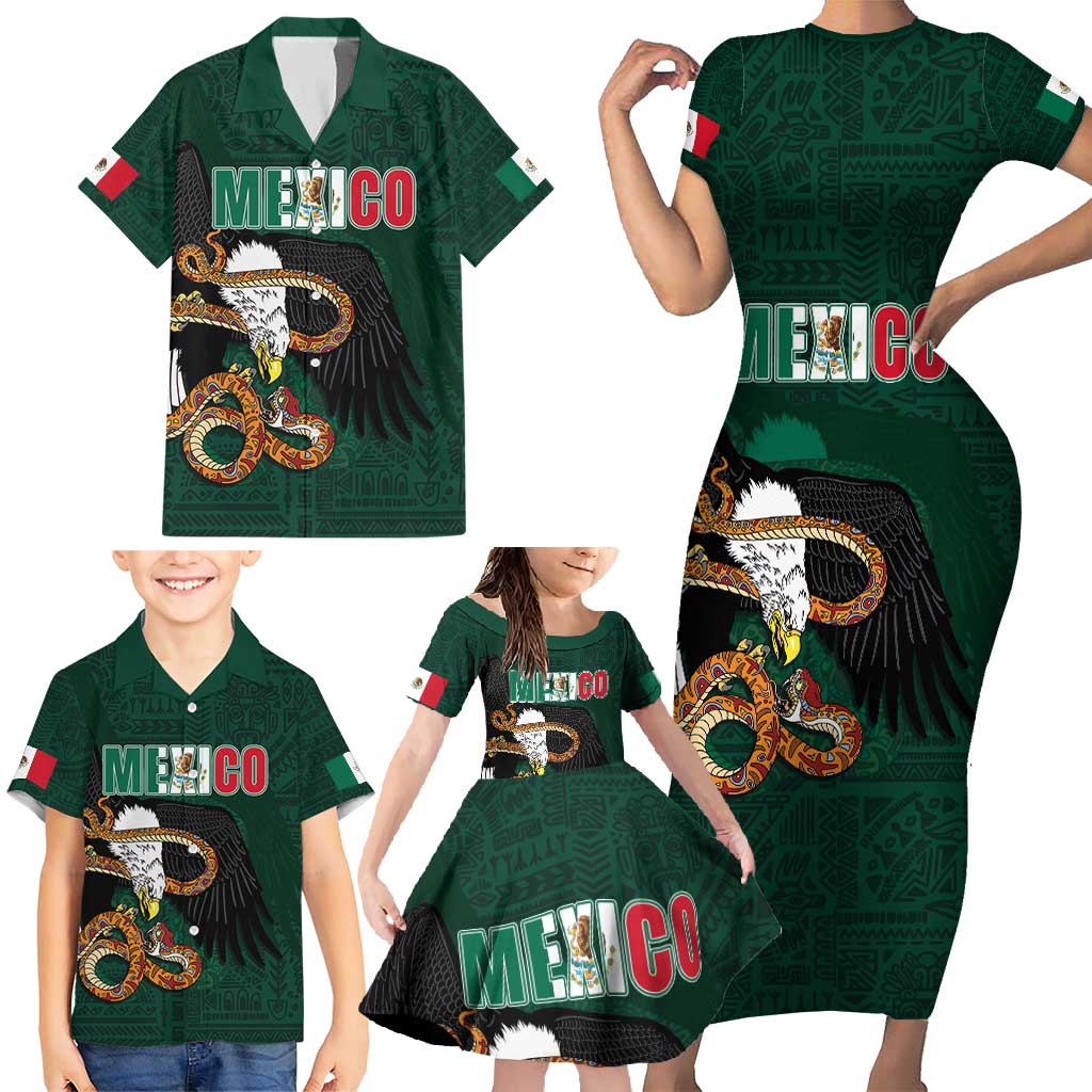 Personalized Mexican Culture Family Matching Short Sleeve Bodycon Dress and Hawaiian Shirt Aztec Spirit Mexico with Eagle Emblem and Maya Ancient - Wonder Print Shop