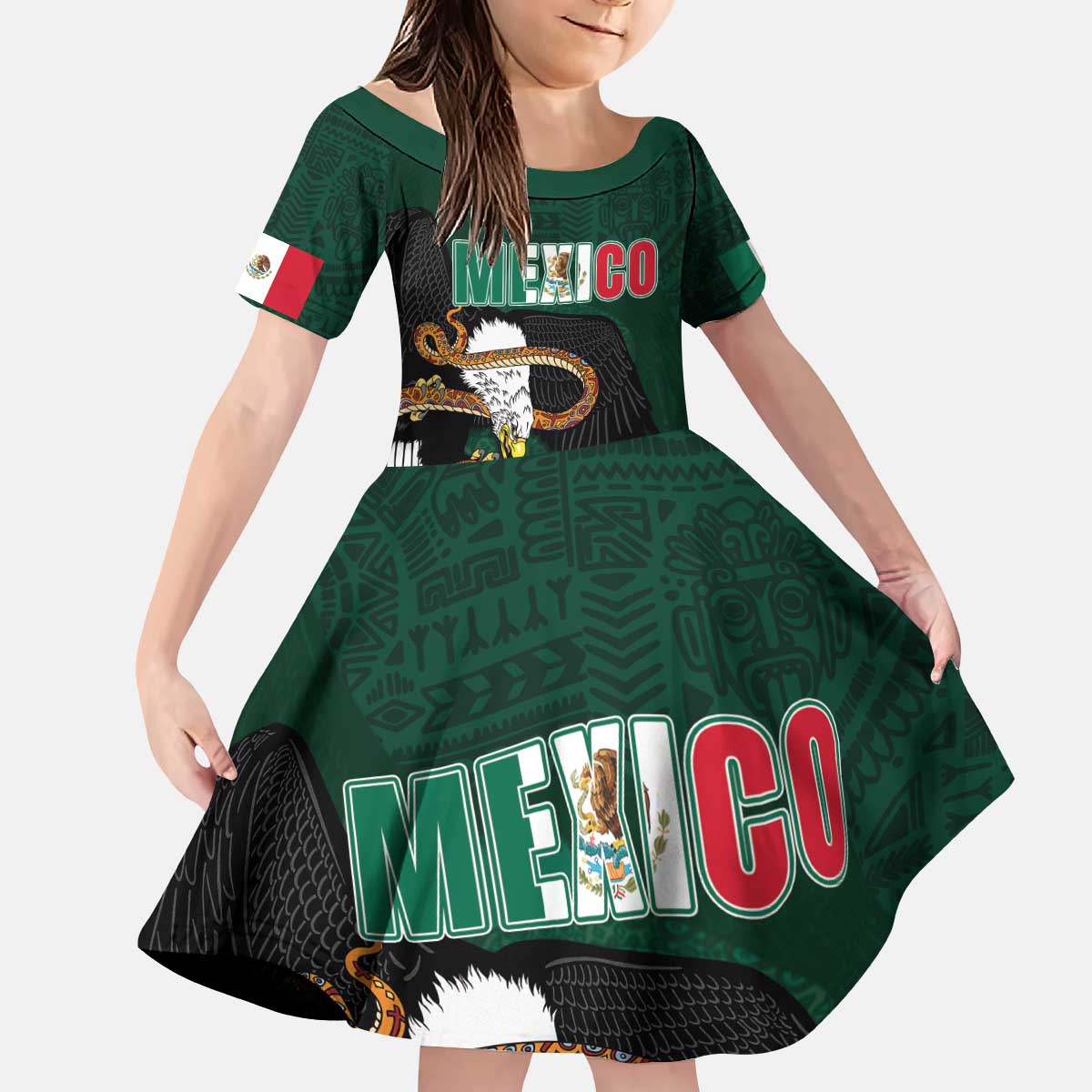 Personalized Mexican Culture Kid Short Sleeve Dress Aztec Spirit Mexico with Eagle Emblem and Maya Ancient - Wonder Print Shop