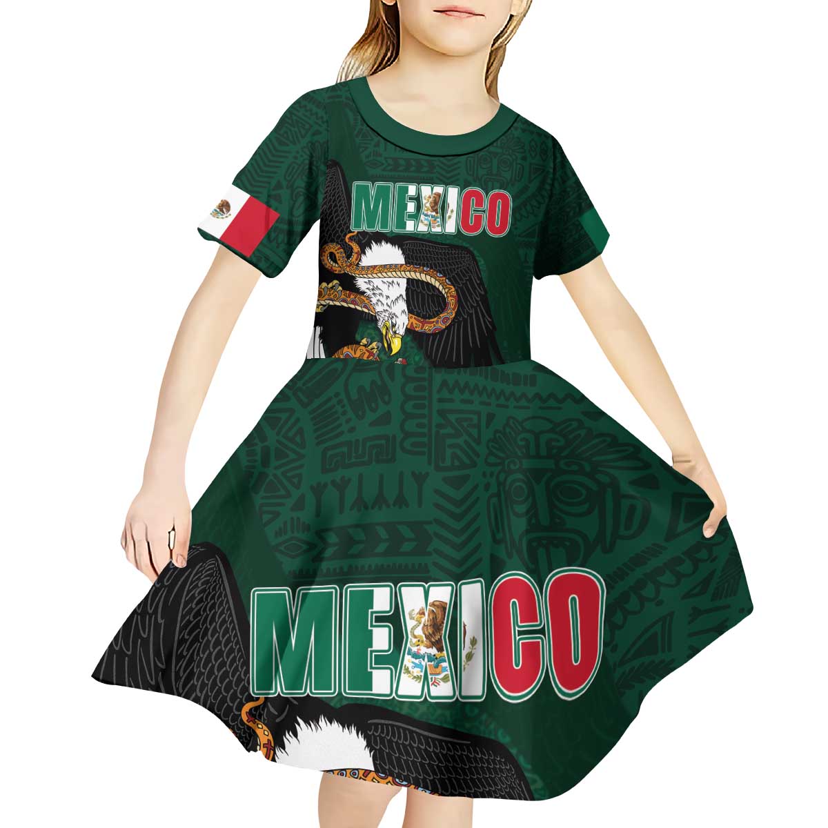 Personalized Mexican Culture Kid Short Sleeve Dress Aztec Spirit Mexico with Eagle Emblem and Maya Ancient - Wonder Print Shop