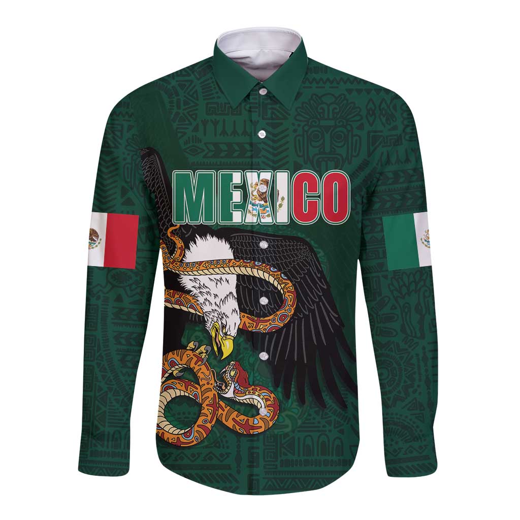Personalized Mexican Culture Long Sleeve Button Shirt Aztec Spirit Mexico with Eagle Emblem and Maya Ancient - Wonder Print Shop