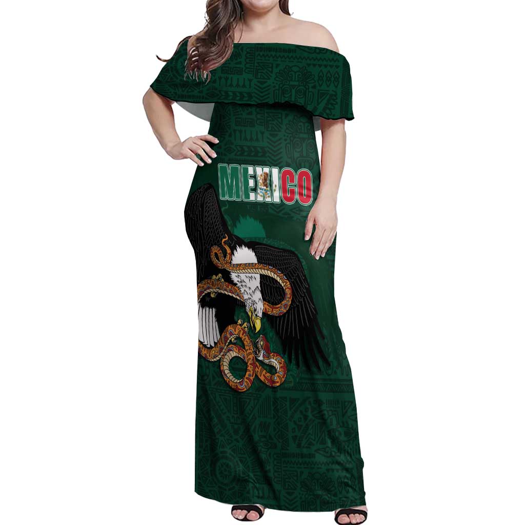 Personalized Mexican Culture Off Shoulder Maxi Dress Aztec Spirit Mexico with Eagle Emblem and Maya Ancient - Wonder Print Shop