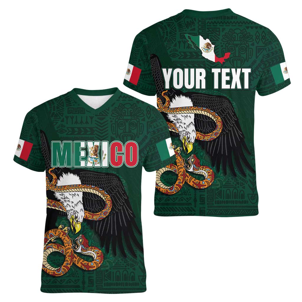 Personalized Mexican Culture Women V-Neck T-Shirt Aztec Spirit Mexico with Eagle Emblem and Maya Ancient - Wonder Print Shop