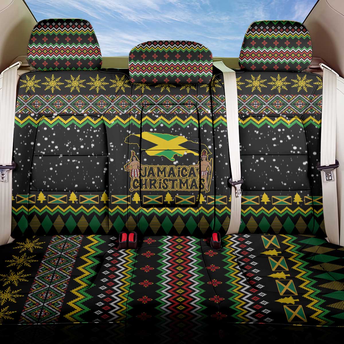 Jamaican Christmas Back Car Seat Cover - Rastafarian Lion with Xmas Elements Reggae Style - Wonder Print Shop