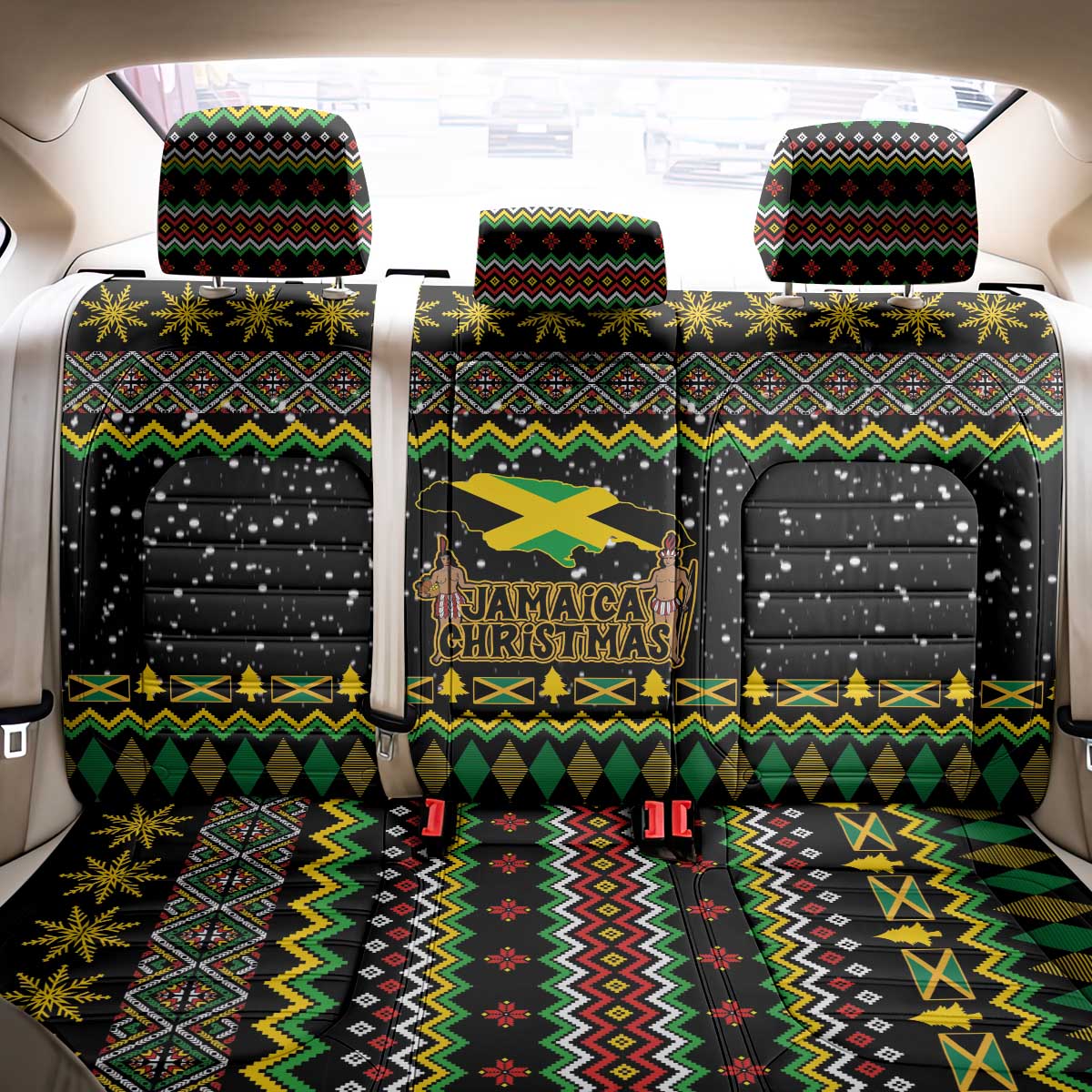 Jamaican Christmas Back Car Seat Cover - Rastafarian Lion with Xmas Elements Reggae Style - Wonder Print Shop