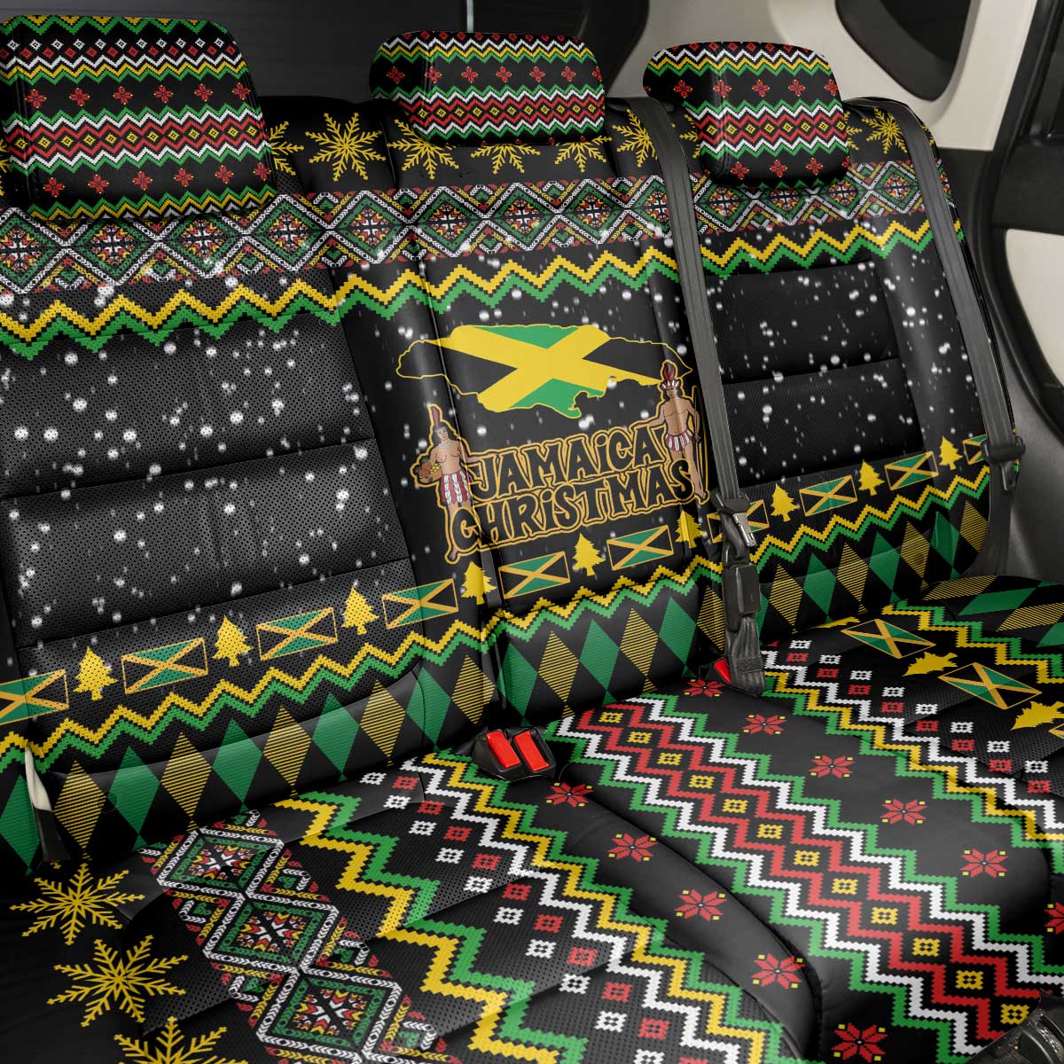 Jamaican Christmas Back Car Seat Cover - Rastafarian Lion with Xmas Elements Reggae Style - Wonder Print Shop
