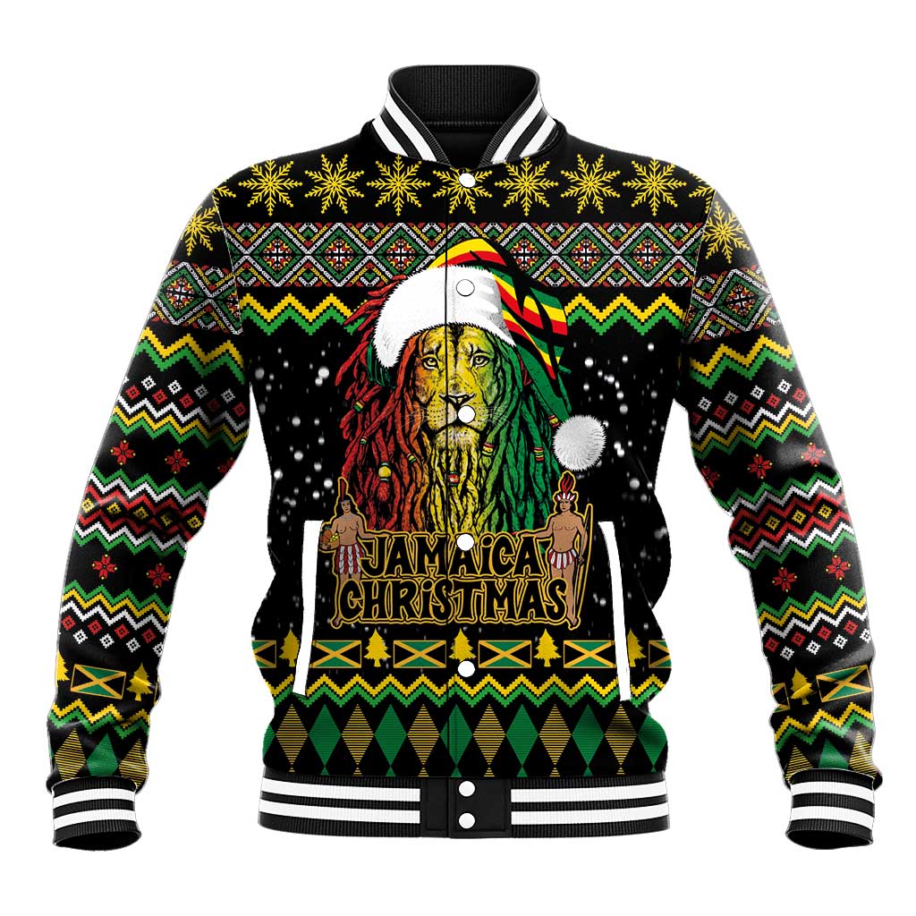 Jamaican Christmas Baseball Jacket - Rastafarian Lion with Xmas Elements Reggae Style - Wonder Print Shop