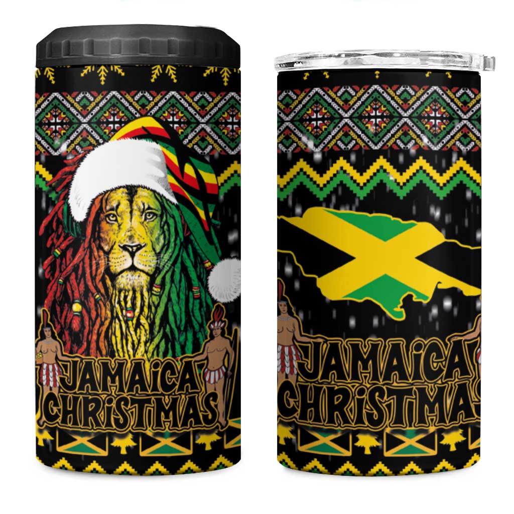 Jamaican Christmas 4 in 1 Can Cooler Tumbler Rastafarian Lion with Xmas Elements Reggae Style - Wonder Print Shop