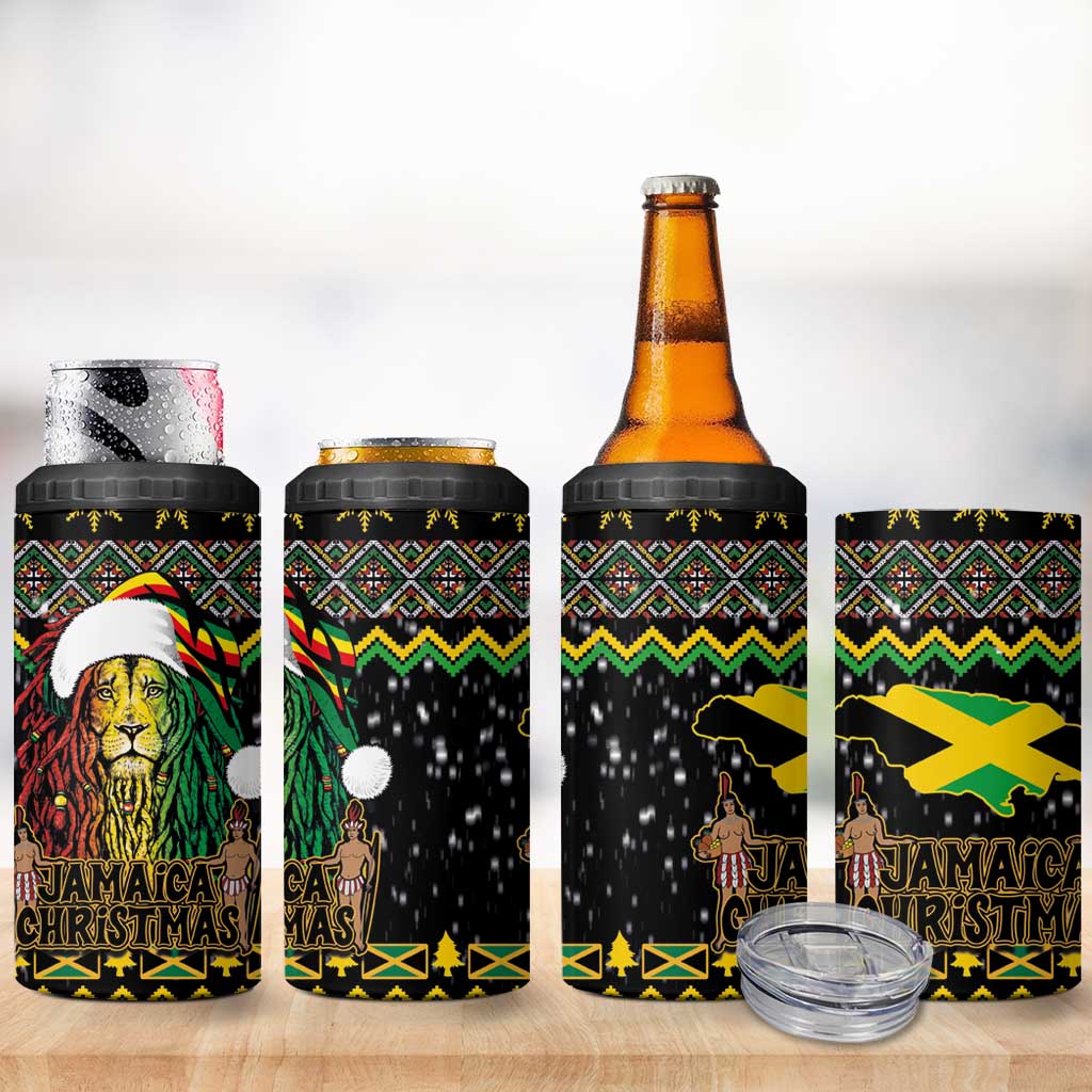 Jamaican Christmas 4 in 1 Can Cooler Tumbler Rastafarian Lion with Xmas Elements Reggae Style - Wonder Print Shop