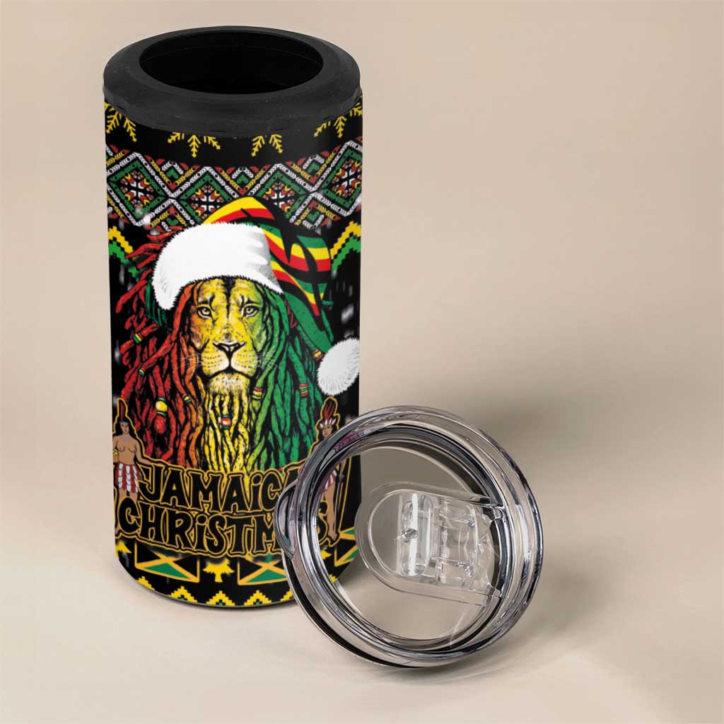 Jamaican Christmas 4 in 1 Can Cooler Tumbler Rastafarian Lion with Xmas Elements Reggae Style - Wonder Print Shop