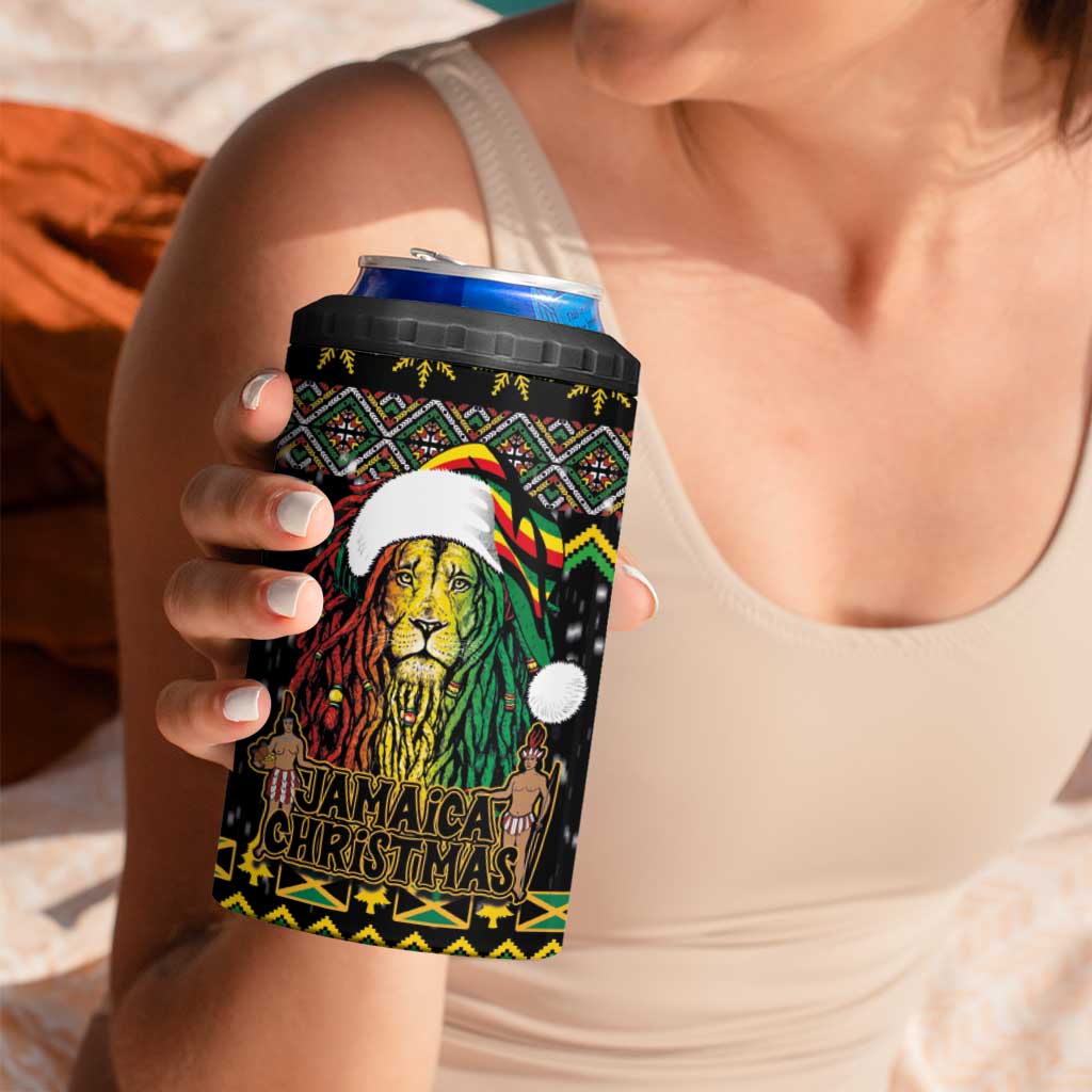Jamaican Christmas 4 in 1 Can Cooler Tumbler Rastafarian Lion with Xmas Elements Reggae Style - Wonder Print Shop