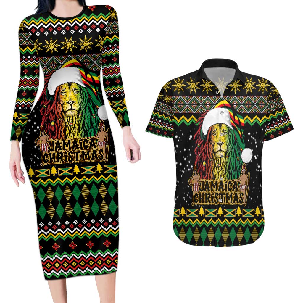 Jamaican Christmas Couples Matching Long Sleeve Bodycon Dress and Hawaiian Shirt - Rastafarian Lion with Xmas Elements Reggae Style - Wonder Print Shop