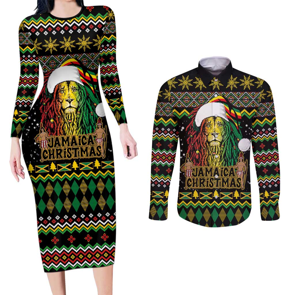 Jamaican Christmas Couples Matching Long Sleeve Bodycon Dress and Long Sleeve Button Shirt - Rastafarian Lion with Xmas Elements Reggae Style - Wonder Print Shop