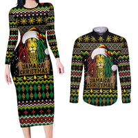 Jamaican Christmas Couples Matching Long Sleeve Bodycon Dress and Long Sleeve Button Shirt - Rastafarian Lion with Xmas Elements Reggae Style - Wonder Print Shop