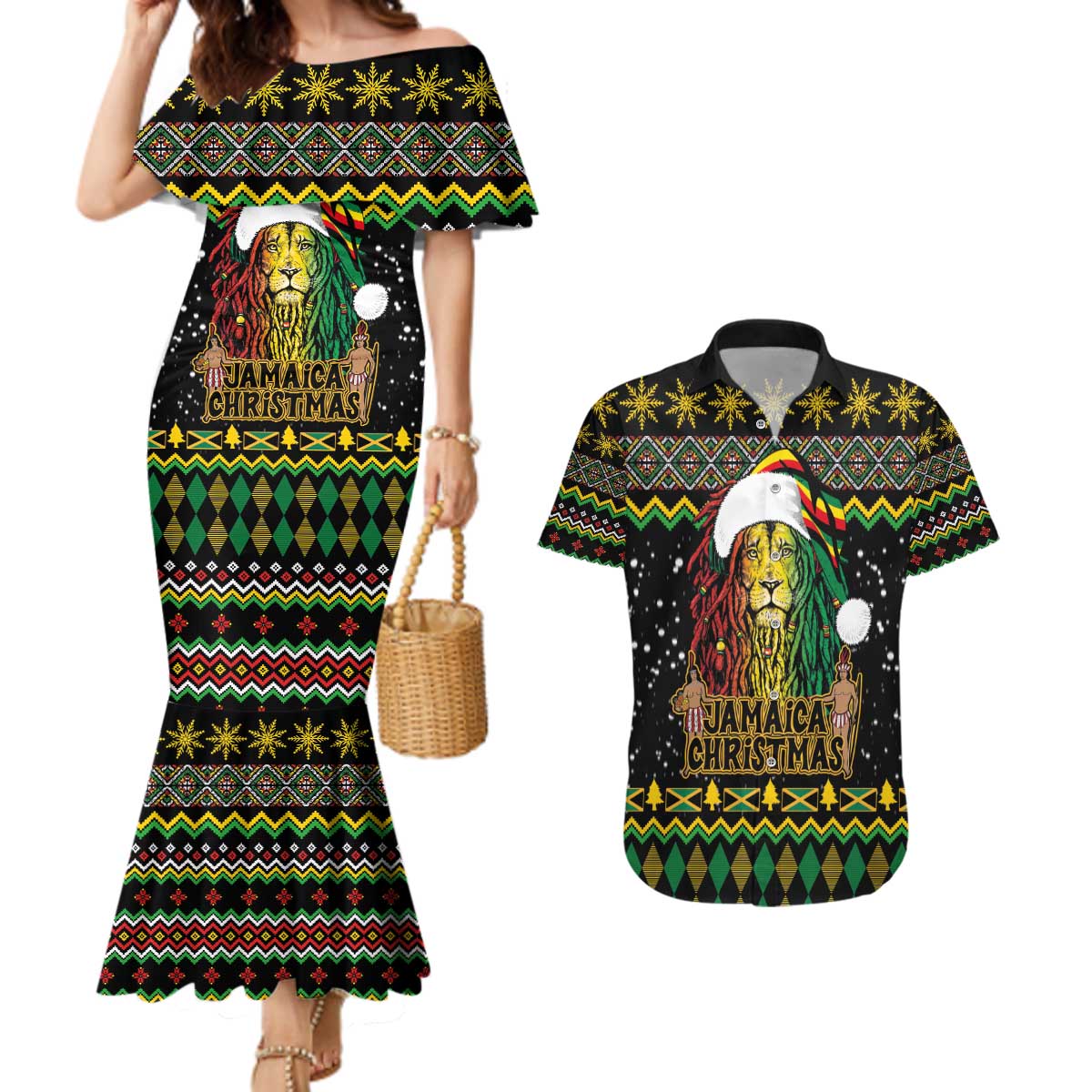 Jamaican Christmas Couples Matching Mermaid Dress and Hawaiian Shirt - Rastafarian Lion with Xmas Elements Reggae Style - Wonder Print Shop