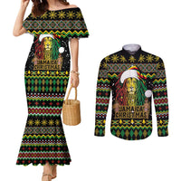 Jamaican Christmas Couples Matching Mermaid Dress and Long Sleeve Button Shirt - Rastafarian Lion with Xmas Elements Reggae Style