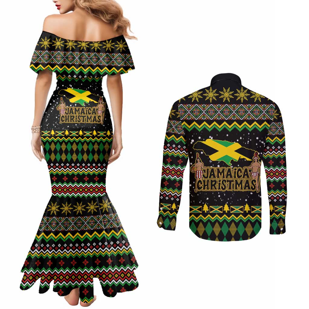 Jamaican Christmas Couples Matching Mermaid Dress and Long Sleeve Button Shirt - Rastafarian Lion with Xmas Elements Reggae Style