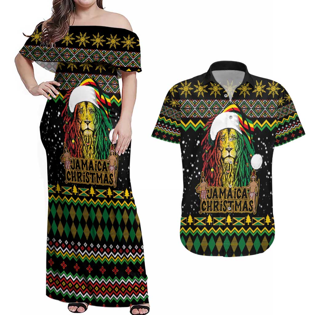 Jamaican Christmas Couples Matching Off Shoulder Maxi Dress and Hawaiian Shirt - Rastafarian Lion with Xmas Elements Reggae Style - Wonder Print Shop