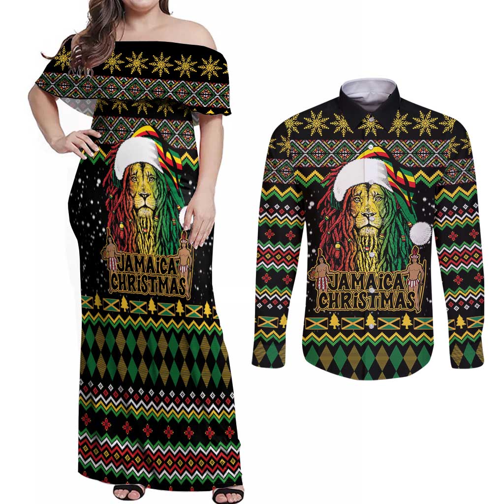 Jamaican Christmas Couples Matching Off Shoulder Maxi Dress and Long Sleeve Button Shirt - Rastafarian Lion with Xmas Elements Reggae Style - Wonder Print Shop