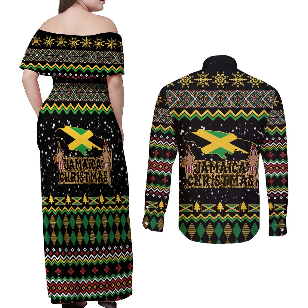 Jamaican Christmas Couples Matching Off Shoulder Maxi Dress and Long Sleeve Button Shirt - Rastafarian Lion with Xmas Elements Reggae Style - Wonder Print Shop