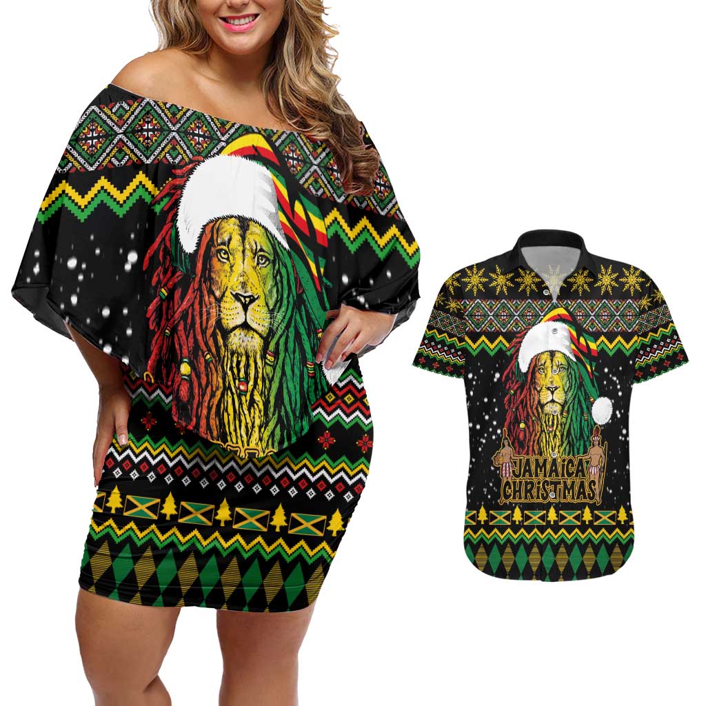 Jamaican Christmas Couples Matching Off Shoulder Short Dress and Hawaiian Shirt - Rastafarian Lion with Xmas Elements Reggae Style - Wonder Print Shop