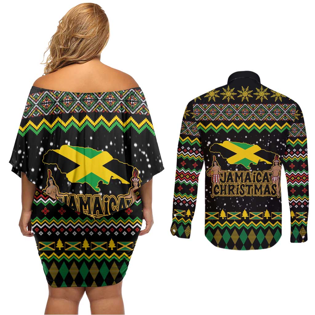 Jamaican Christmas Couples Matching Off Shoulder Short Dress and Long Sleeve Button Shirt - Rastafarian Lion with Xmas Elements Reggae Style - Wonder Print Shop