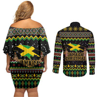 Jamaican Christmas Couples Matching Off Shoulder Short Dress and Long Sleeve Button Shirt - Rastafarian Lion with Xmas Elements Reggae Style - Wonder Print Shop