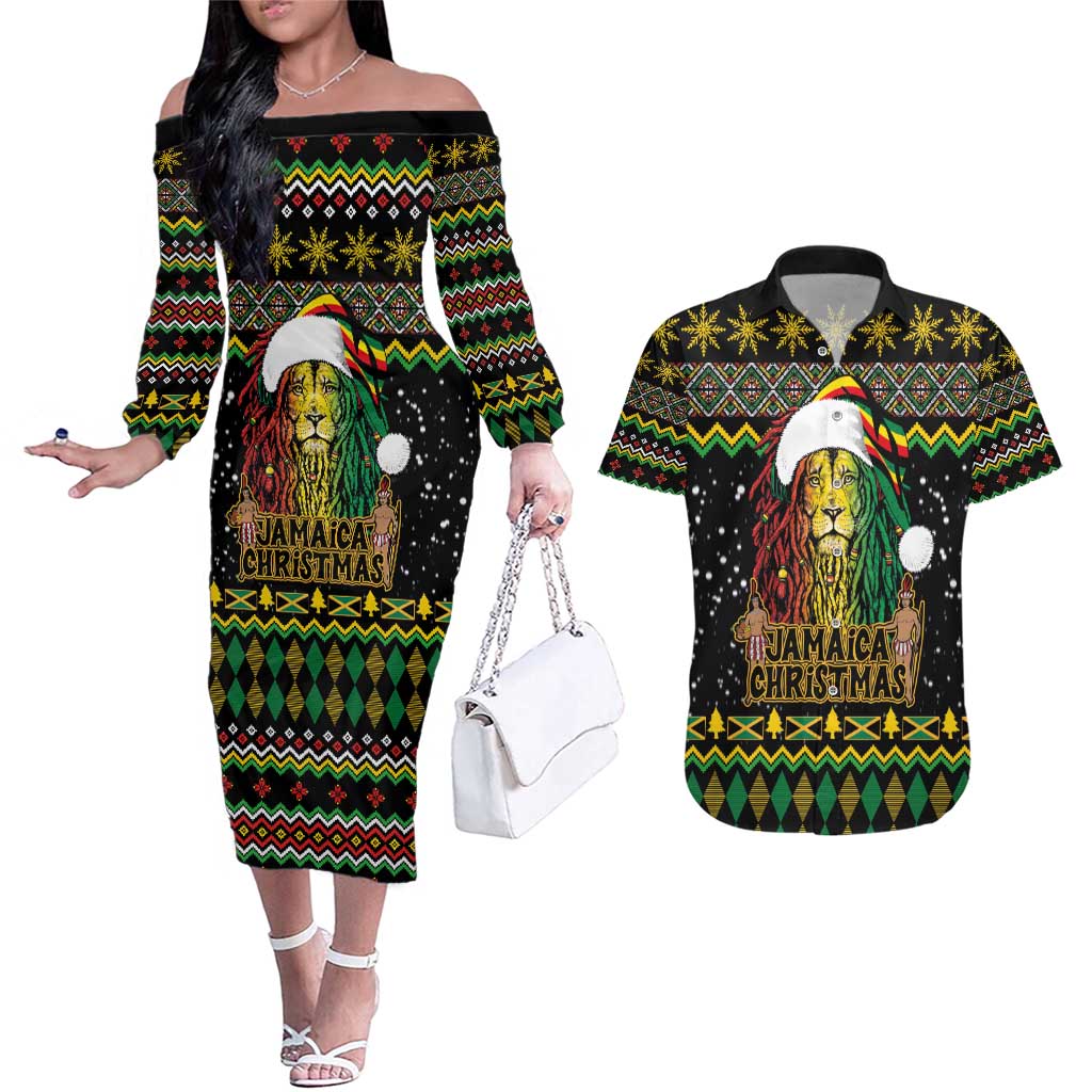 Jamaican Christmas Couples Matching Off The Shoulder Long Sleeve Dress and Hawaiian Shirt - Rastafarian Lion with Xmas Elements Reggae Style - Wonder Print Shop