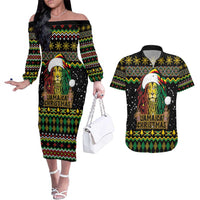 Jamaican Christmas Couples Matching Off The Shoulder Long Sleeve Dress and Hawaiian Shirt - Rastafarian Lion with Xmas Elements Reggae Style - Wonder Print Shop