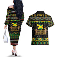 Jamaican Christmas Couples Matching Off The Shoulder Long Sleeve Dress and Hawaiian Shirt - Rastafarian Lion with Xmas Elements Reggae Style - Wonder Print Shop
