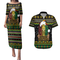Jamaican Christmas Couples Matching Puletasi and Hawaiian Shirt - Rastafarian Lion with Xmas Elements Reggae Style - Wonder Print Shop