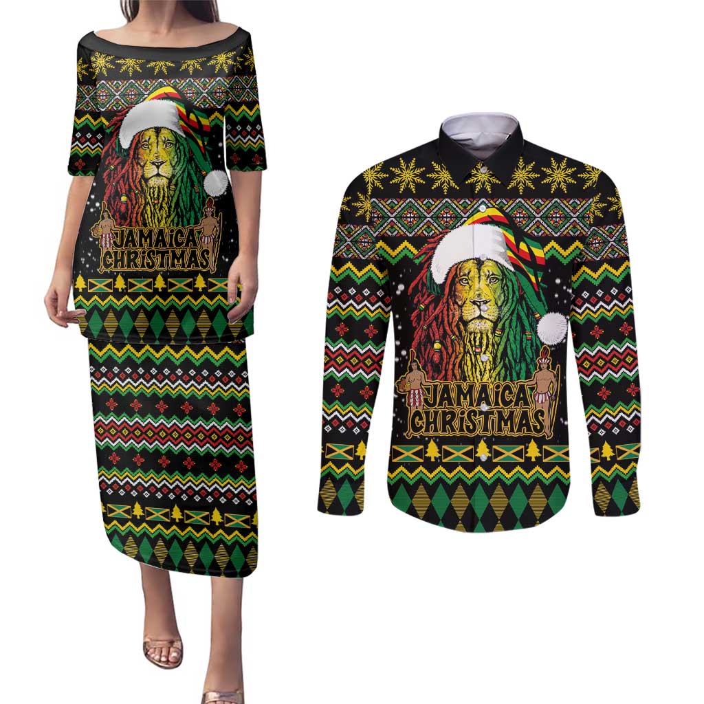 Jamaican Christmas Couples Matching Puletasi and Long Sleeve Button Shirt - Rastafarian Lion with Xmas Elements Reggae Style - Wonder Print Shop