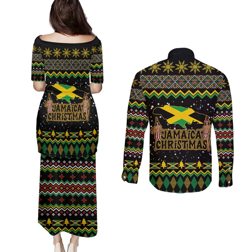 Jamaican Christmas Couples Matching Puletasi and Long Sleeve Button Shirt - Rastafarian Lion with Xmas Elements Reggae Style - Wonder Print Shop